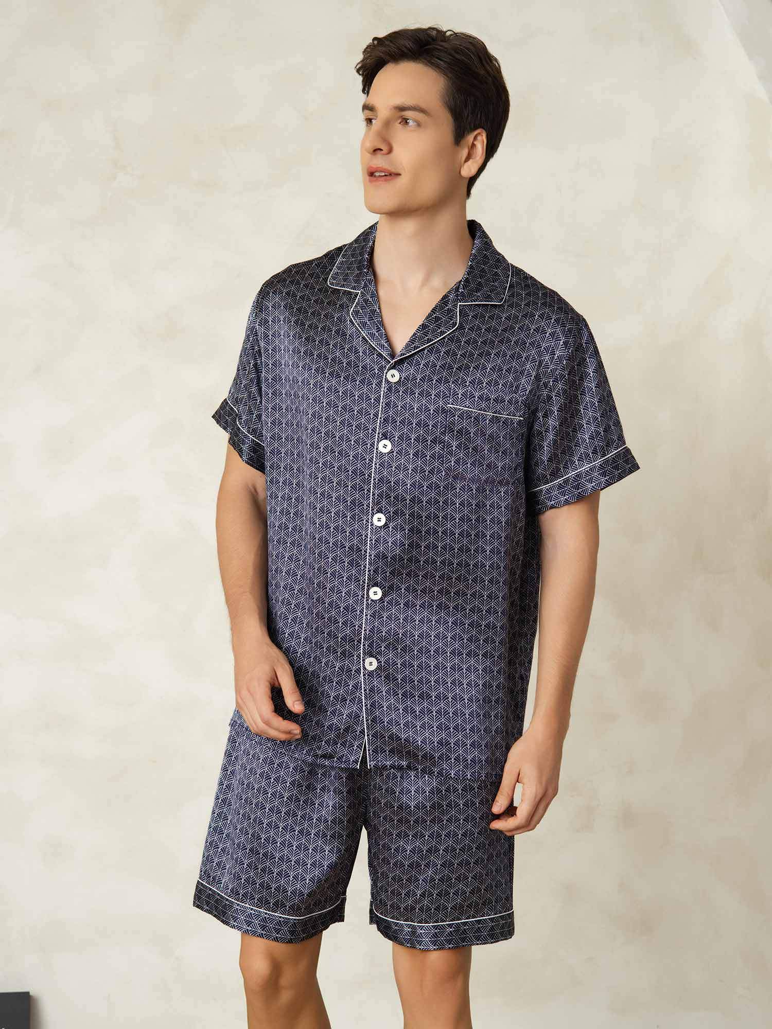 [Ginkgo Marine] SilkSilky-FR Manches courtes Col Cranté Homme Pyjamas 004