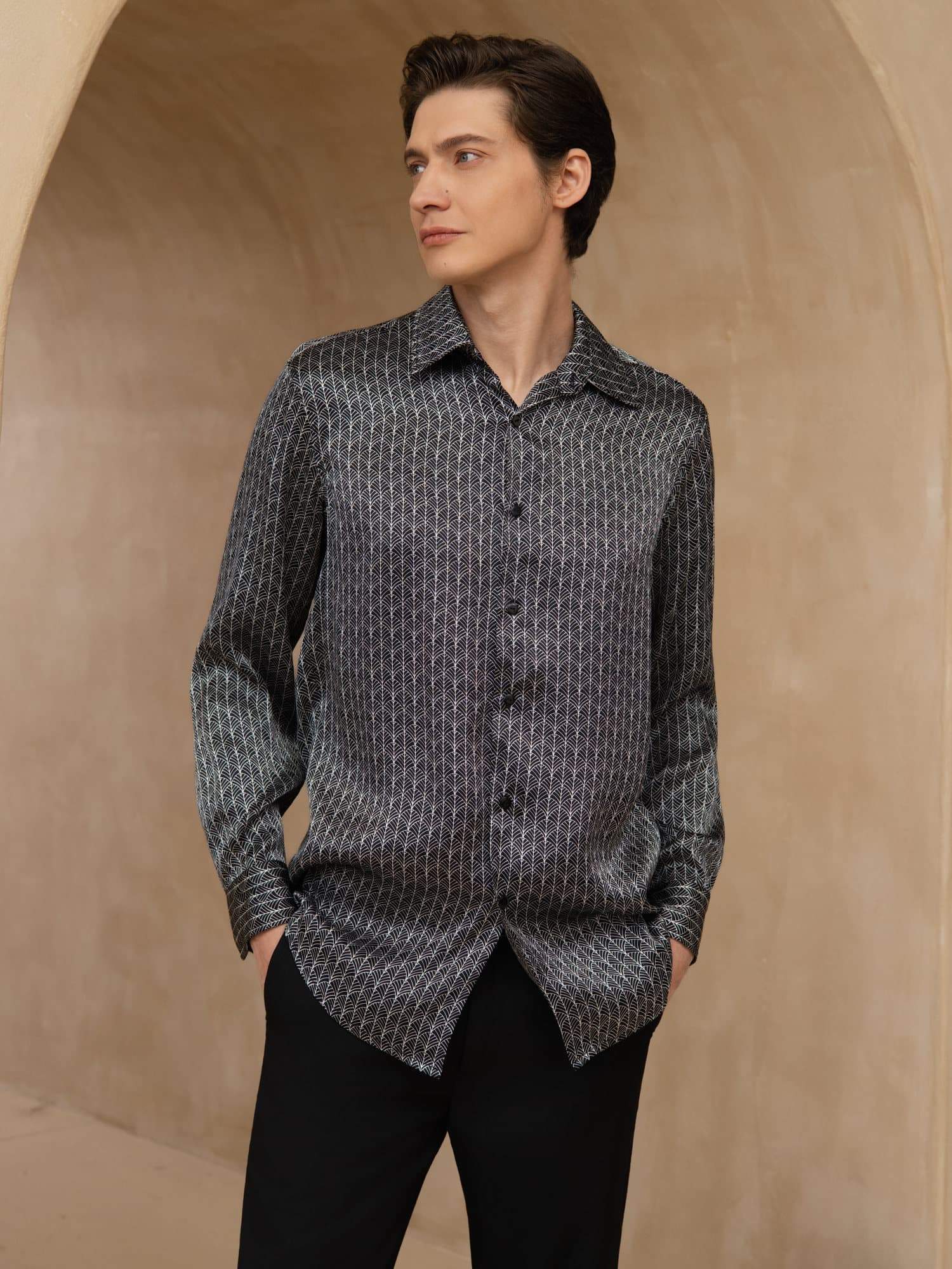 [Ginkgo Noir] SilkSilky-FR Manches longues Col à Revers Homme Chemise 003