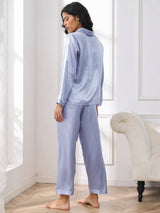 [Bleu Acier] SilkSilky-FR Long Sleeve Lapel Collar Femme Pyjamas 002