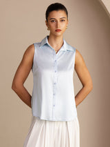 [Bleu Clair] SilkSilky-FR Sleeveless Lapel Collar Femme Chemise 003