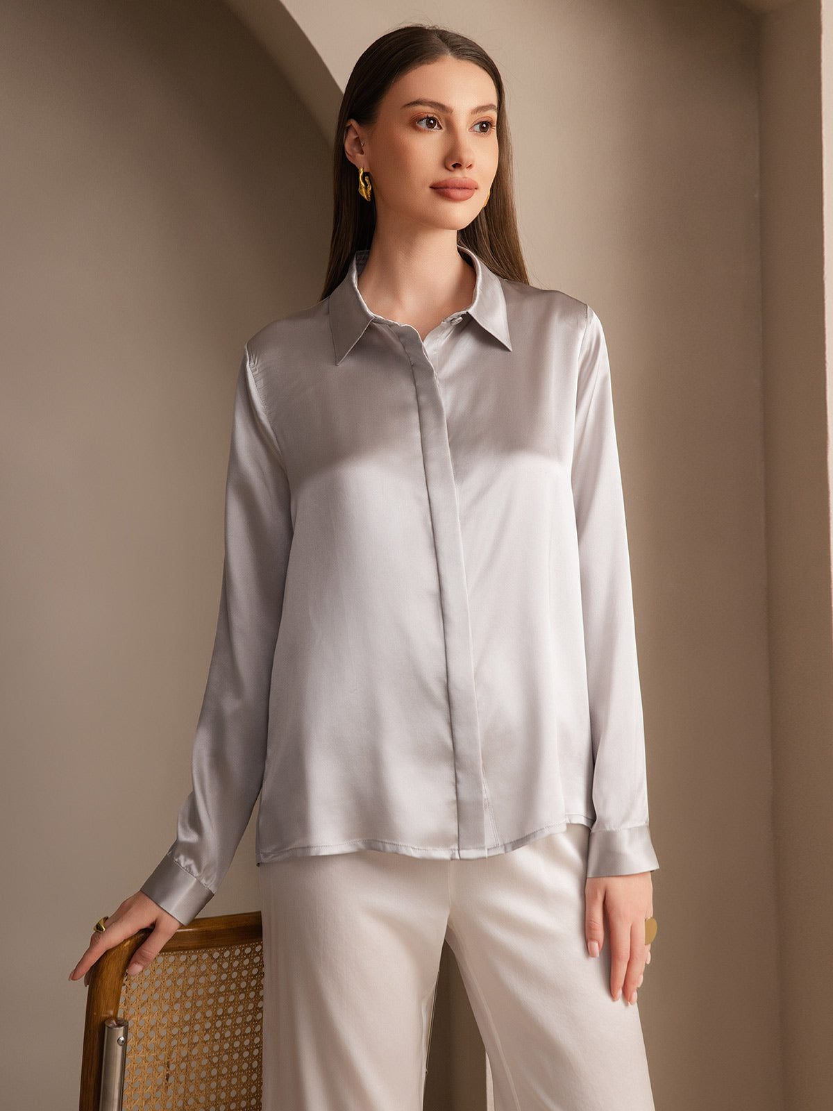 [Gris Clair] SilkSilky-FR 19Momme Soie Lapel Collar Femme Chemise 001