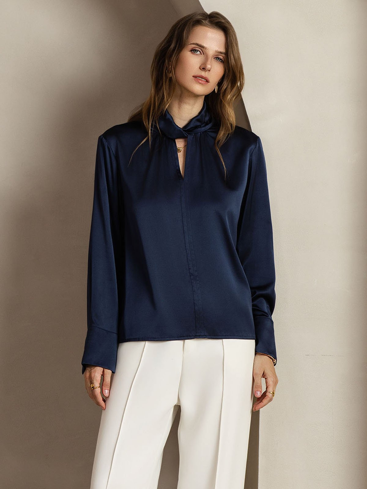 [BleuFoncé] SilkSilky-FR 19Momme Soie Womens Shirt 005