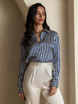 [Rayure Marine] SilkSilky-FR Long Sleeve Lapel Collar Femme Chemise 006