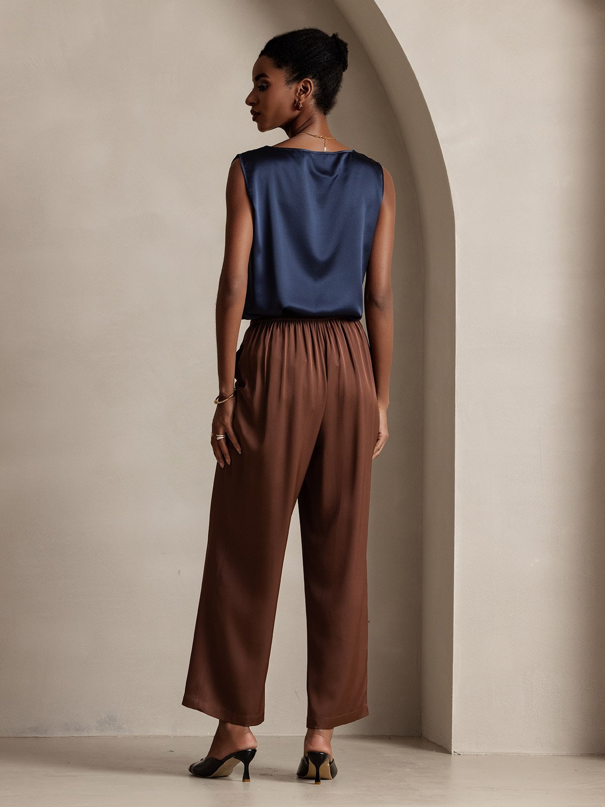 [Bleu Foncé] SilkSilky-FR 19Momme Sans manches Col Rond Top À Fines Brides 002