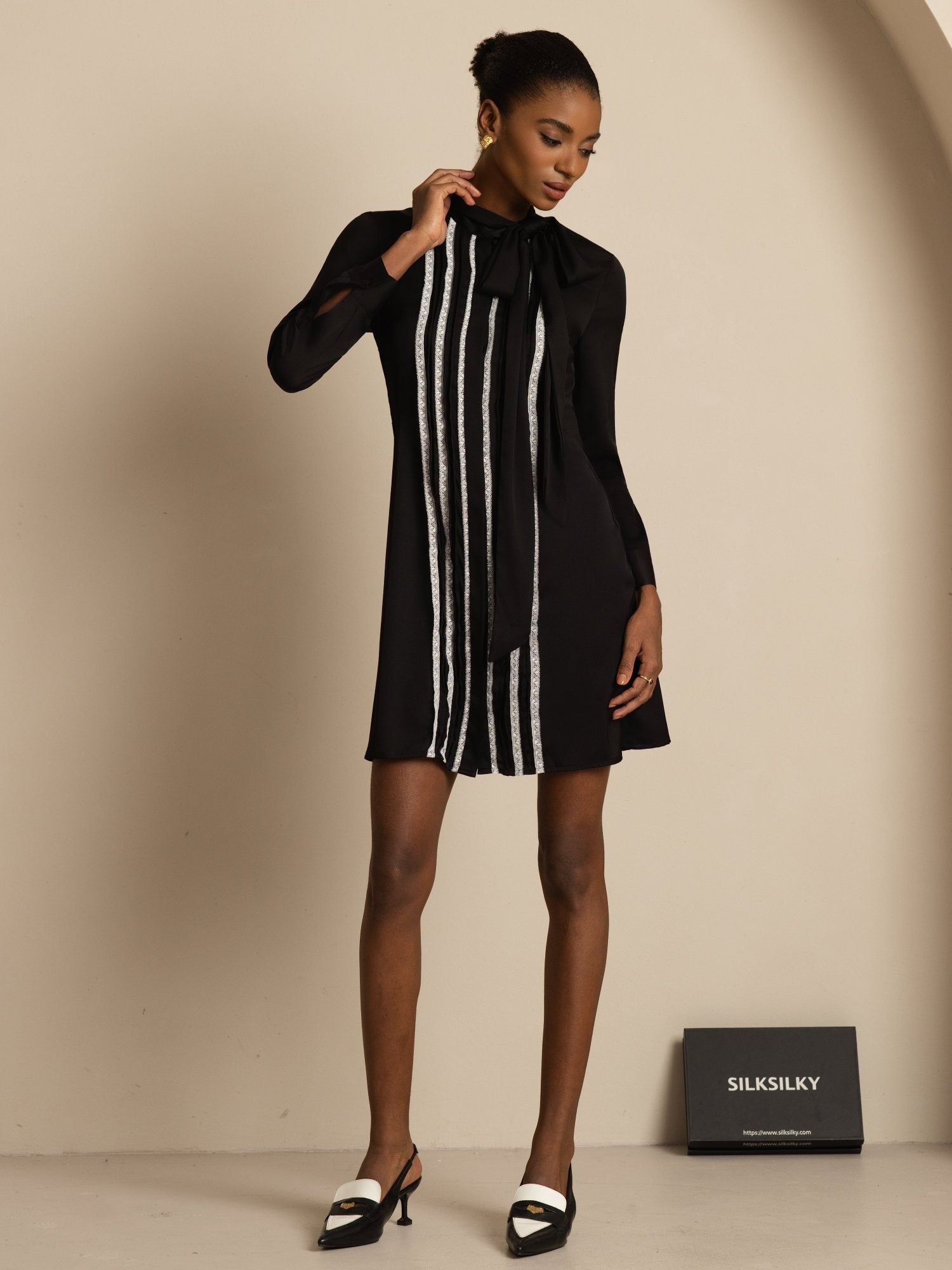 [Noir] SilkSilky-FR 19Momme Soie Manches longues À Nouer Robes 001