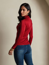 [Rouge Vineux] SilkSilky-FR Manches longues Col Roulé Femme T-Shirt 002