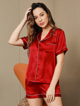 [Rouge Vineux] SilkSilky-FR Manches courtes Col Cranté Femme Pyjamas 003