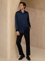 [Bleu Foncé] SilkSilky-FR 19Momme Manches longues Col à Revers Homme Chemise 008