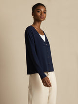 [Bleu Foncé] SilkSilky-FR Long Sleeve Cardigan Femme 006