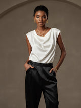 [Blanc] SilkSilky-FR Cap Sleeve Cowl Neck Femme T-Shirt 003