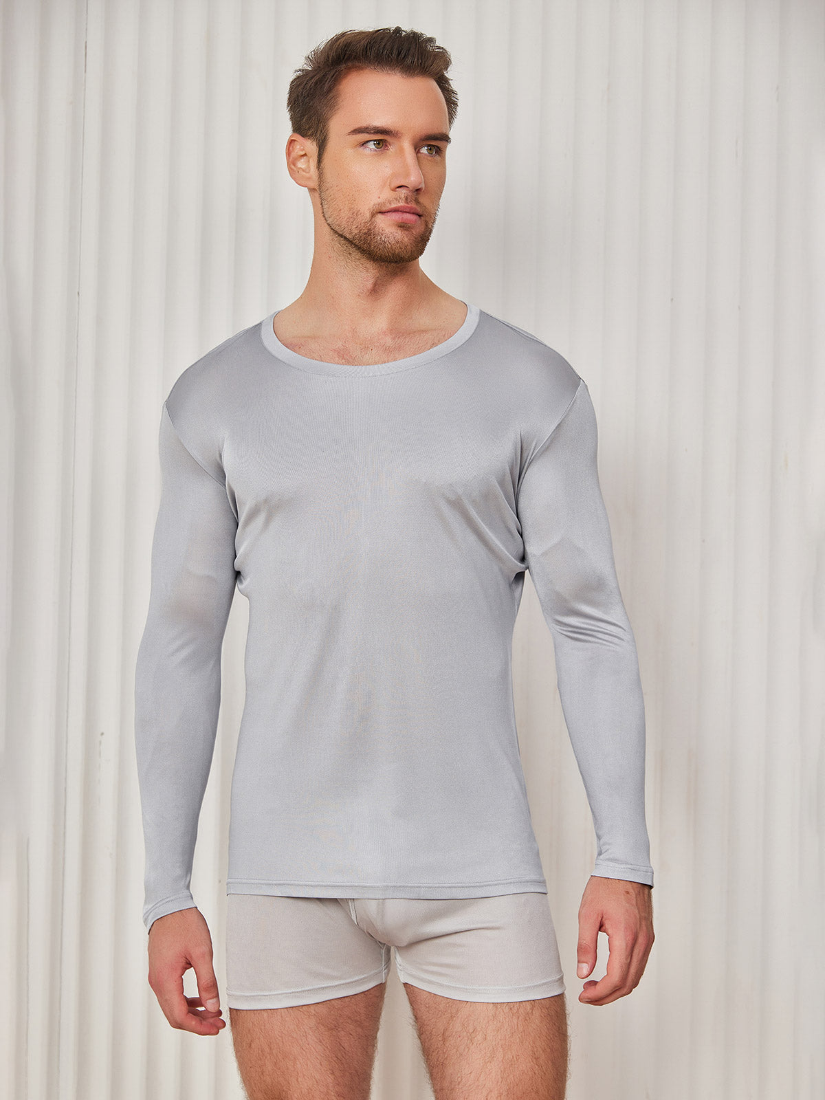 [Gris Clair] SilkSilky-FR Soie Tricotée Col Rond Homme T-Shirt 004