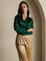 [Vert Foncé] SilkSilky-FR Long Sleeve Lapel Collar Femme Chemise 007
