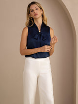 [Bleu Foncé] SilkSilky-FR Sleeveless Tie Neck Top À Fines Brides 006