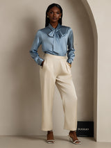 [Bleu Grisâtre] SilkSilky-FR Long Sleeve Tie Neck Blouse 005