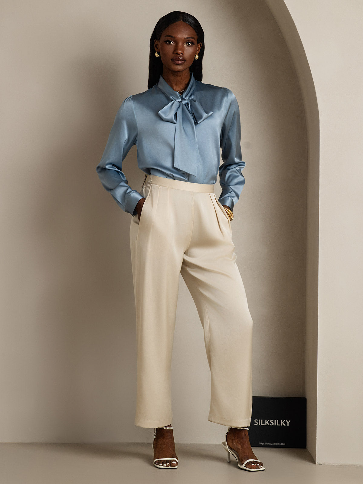 [Bleu Grisâtre] SilkSilky-FR 19Momme Manches longues À Nouer Blouse 005