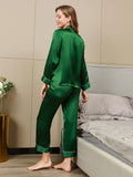 SilkSilky FR Pure Soie Manches longues Revers Femme Pyjamas Vert 006