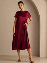 [Rouge Foncé] SilkSilky-FR Short Sleeve Crew Neck Robes 006