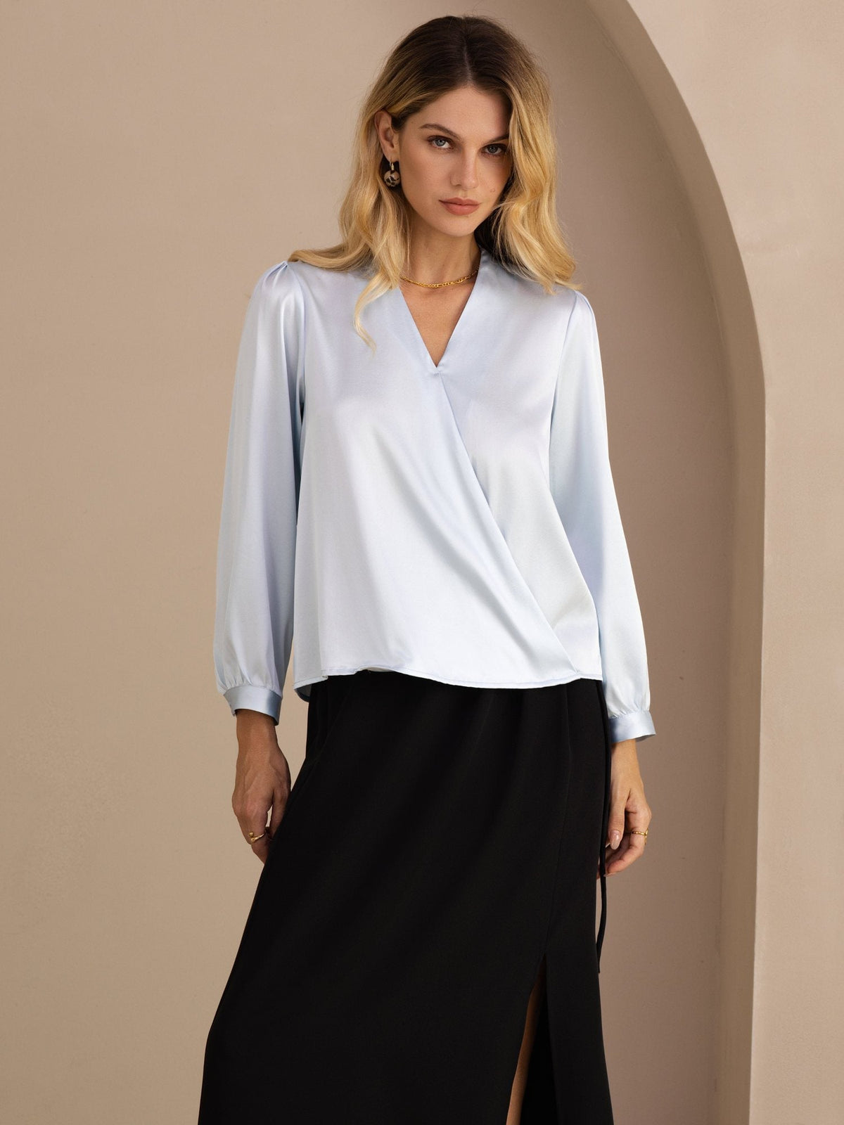 [Bleu Clair] SilkSilky-FR Long Sleeve Blouse 001