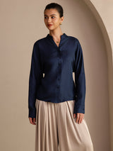 [Bleu Foncé] SilkSilky-FR Long Sleeve Blouse 004