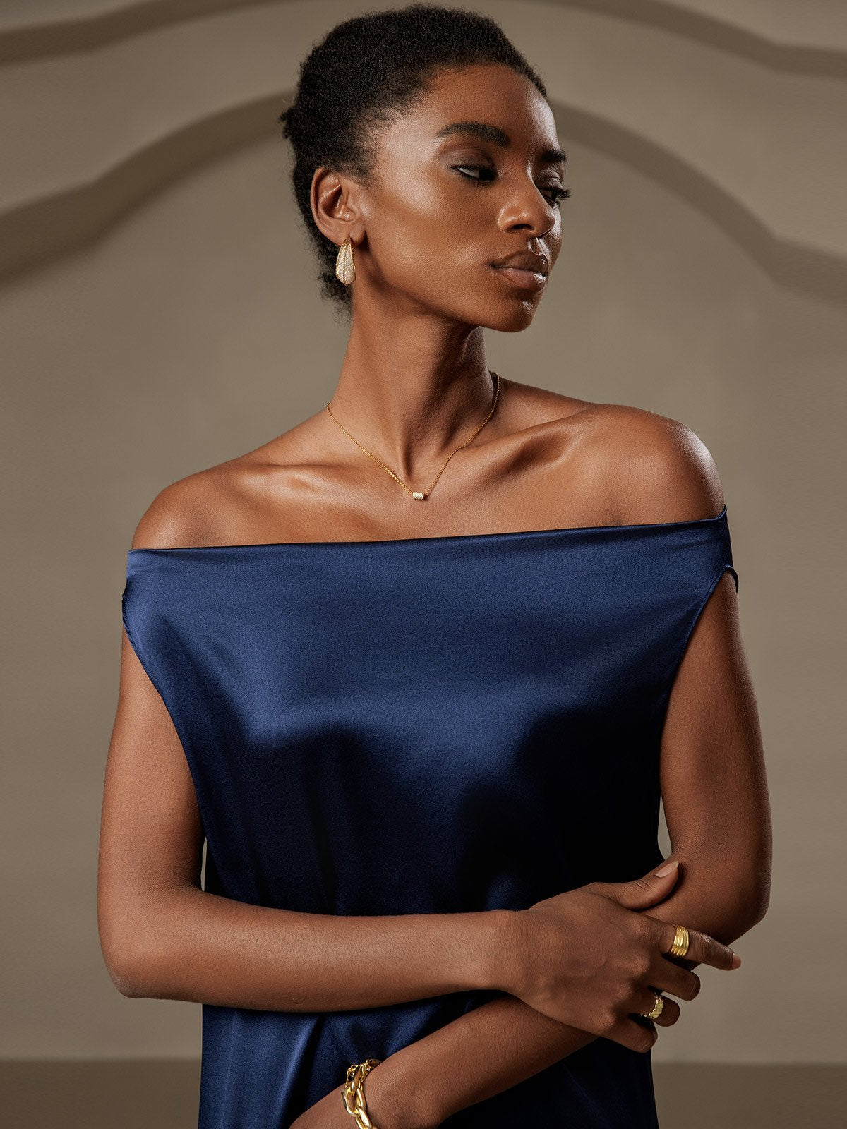 [Bleu Foncé] SilkSilky-FR 19Momme Soie Sans manches Col Bénitier Robes 005