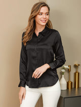 [Noir] SilkSilky-FR Long Sleeve Lapel Collar Femme Chemise 001