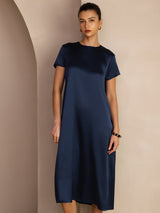 [Bleu Foncé] SilkSilky-FR Short Sleeve Round Neck Robes 005