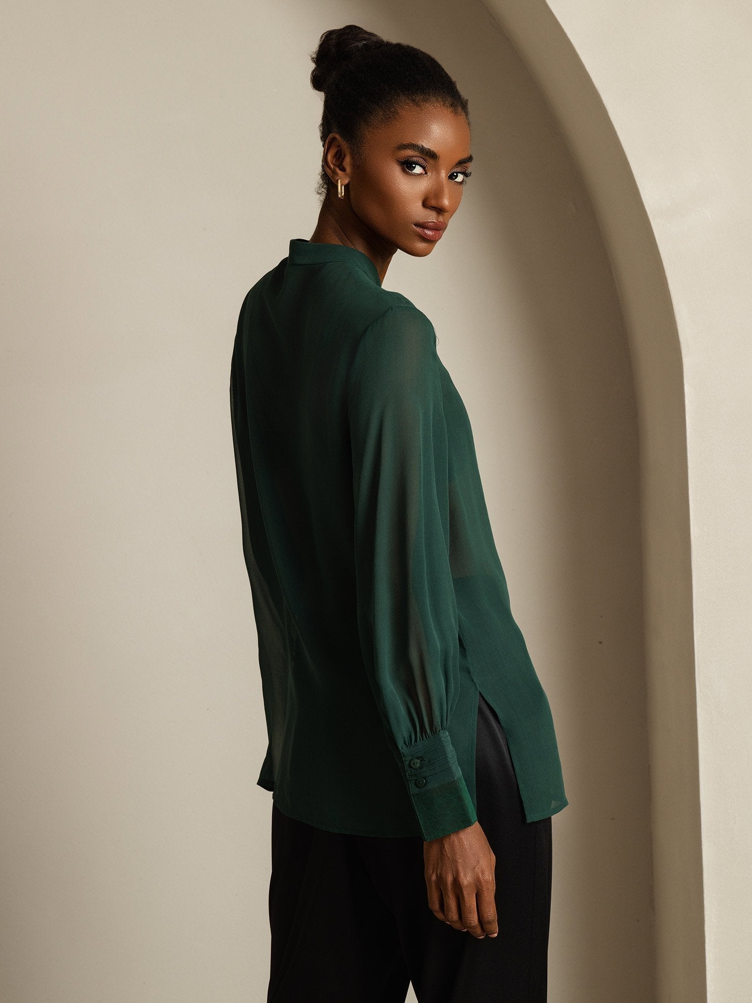 [Vert Foncé] SilkSilky-FR Soie Womens Shirt 006