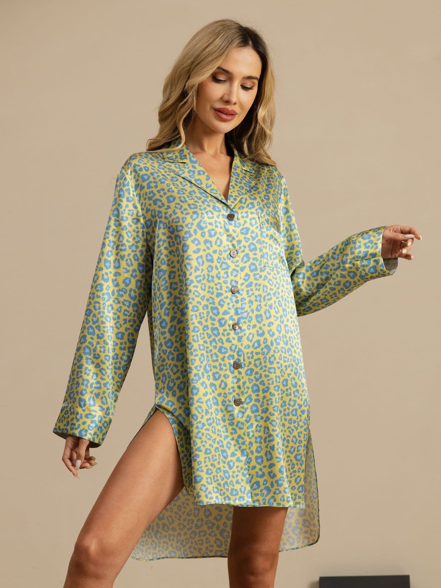 [Léopard Vert] SilkSilky-FR 19Momme Manches longues Chemise pour dormir 004