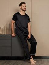 [Noir] SilkSilky-FR Pure Soie Manches courtes Col Rond Homme Pyjamas 005