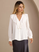 [Blanc] SilkSilky-FR Long Sleeve Deep V Neck Blouse 001