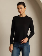 [Noir] SilkSilky-FR Long Sleeve Crew Neck Femme T-Shirt 001