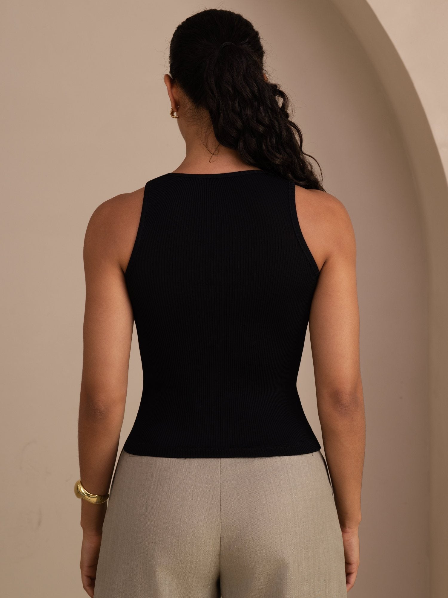 [Noir] SilkSilky-FR Sleeveless Deep V Neck Top À Fines Brides 002