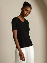 [Noir] SilkSilky-FR Short Sleeve V Neck Femme T-Shirt 003