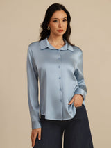 [Bleu Grisâtre] SilkSilky-FR Long Sleeve Lapel Collar Femme Chemise 001