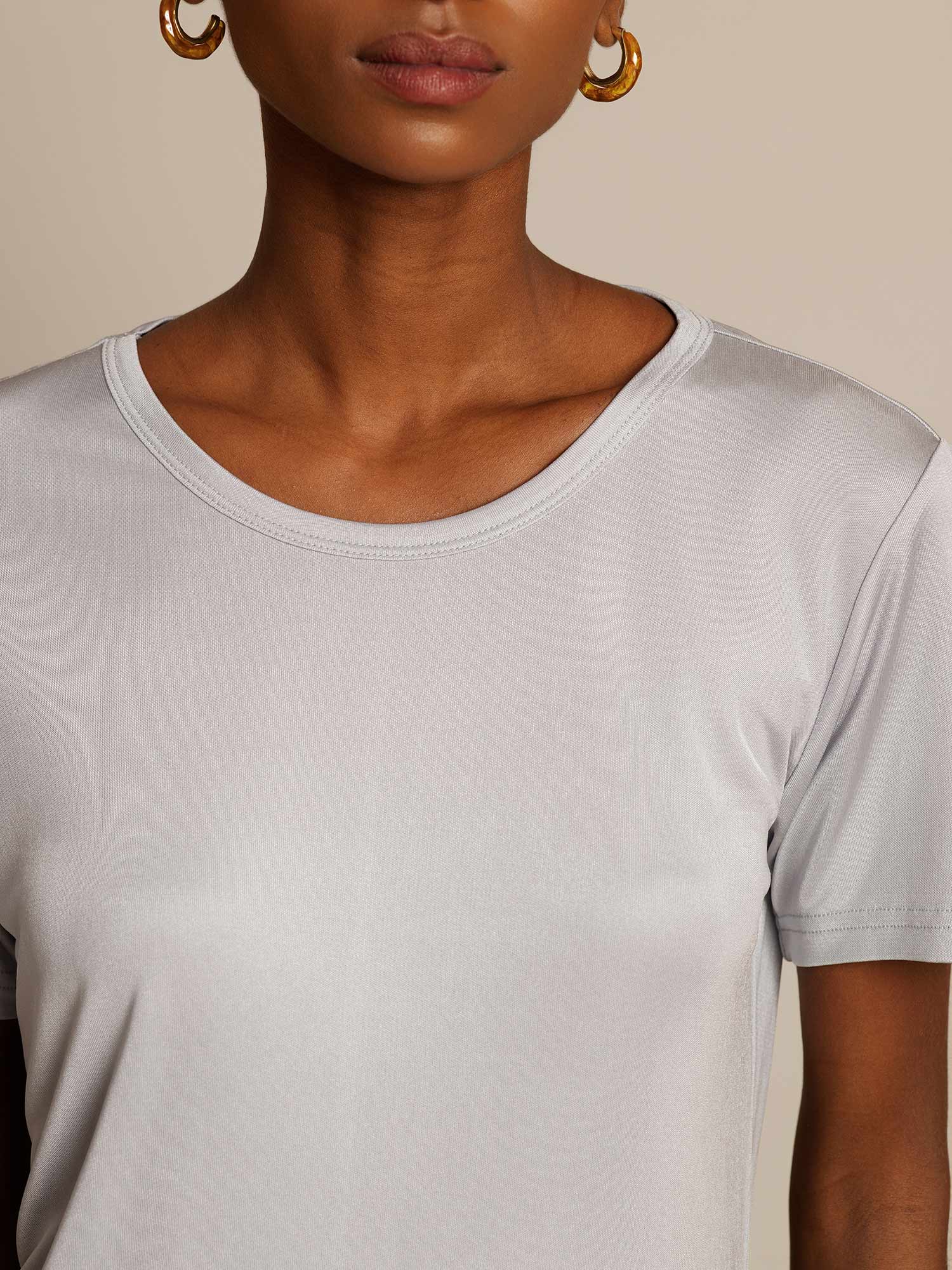 [Argent] SilkSilky-FR Soie Tricotée Col Rond Femme T-Shirt 004