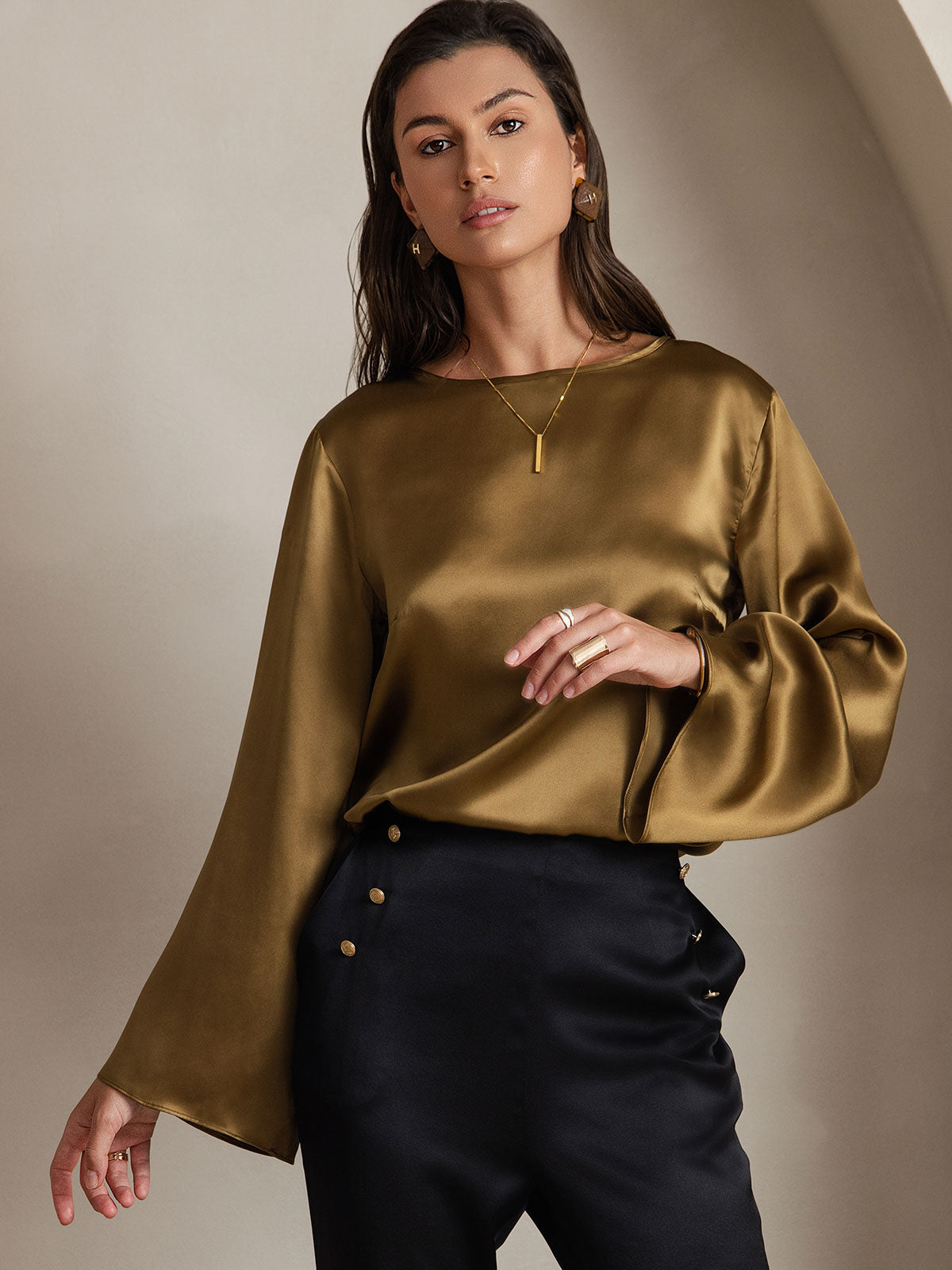 [Brun] SilkSilky-FR 19Momme Manches longues Col Bateau Blouse 001