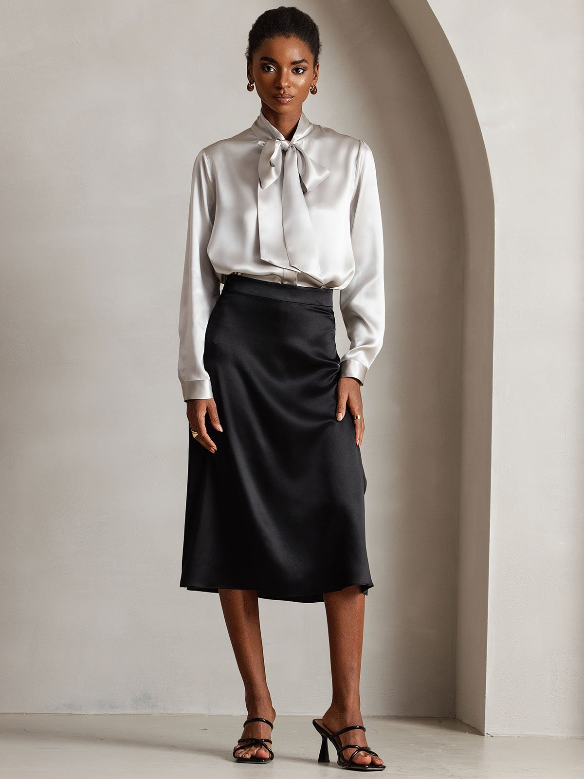 [Gris Clair] SilkSilky-FR 19Momme Manches longues À Nouer Blouse 003