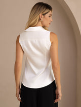 [Blanc] SilkSilky-FR Sleeveless Lapel Collar Femme Chemise 002