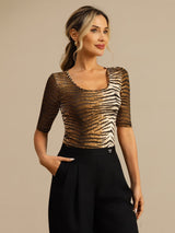 [Tigre] SilkSilky-FR Manches mi-longues Encolure Dégagée Femme T-Shirt 001