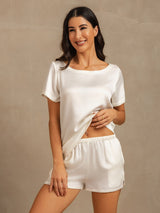 [Blanc] SilkSilky-FR 19Momme Manches courtes Col Rond Femme Pyjamas 003