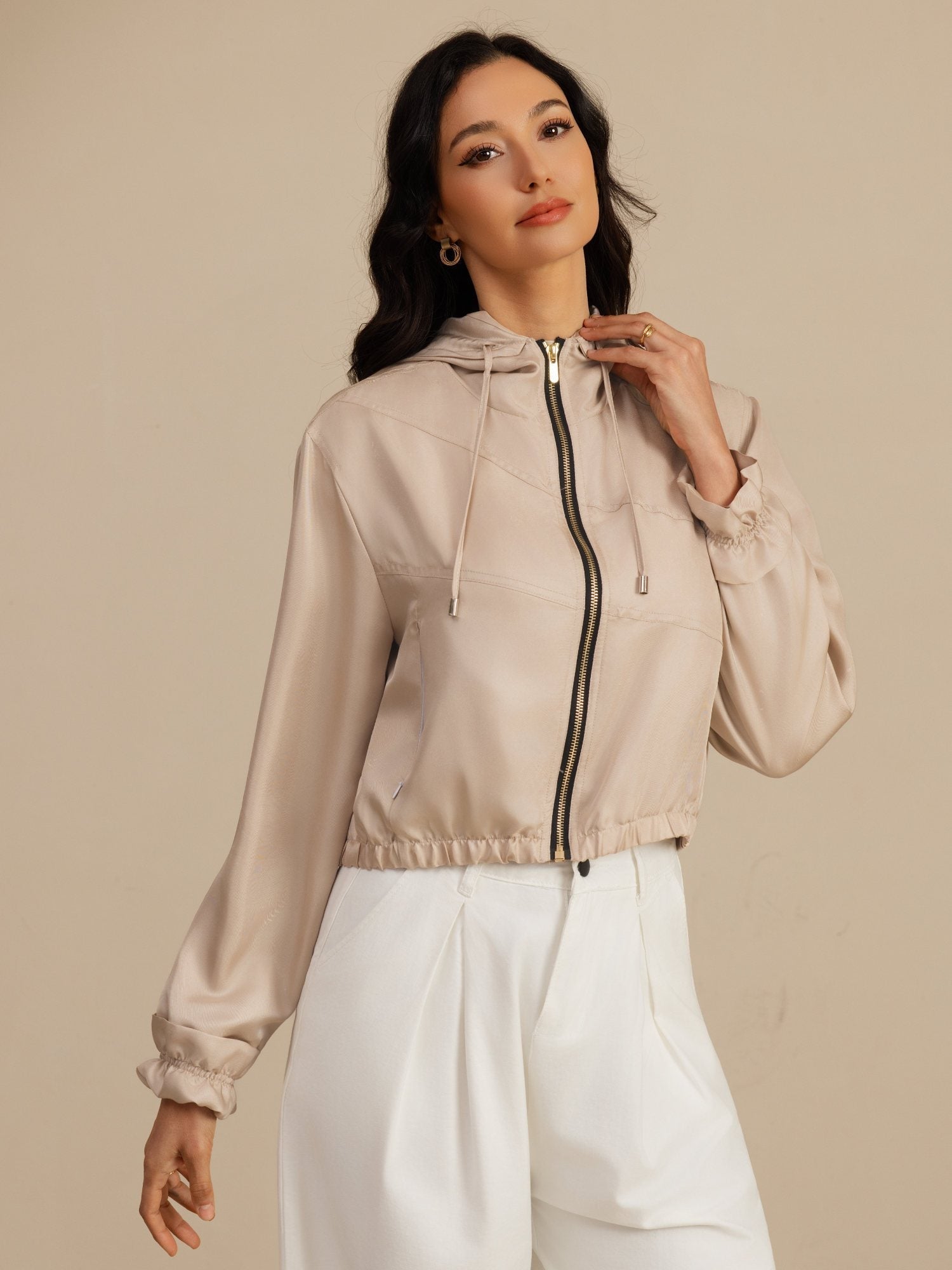 [Tan] SilkSilky-FR 18Momme Manches longues Col Haut Femme Manteaux 003