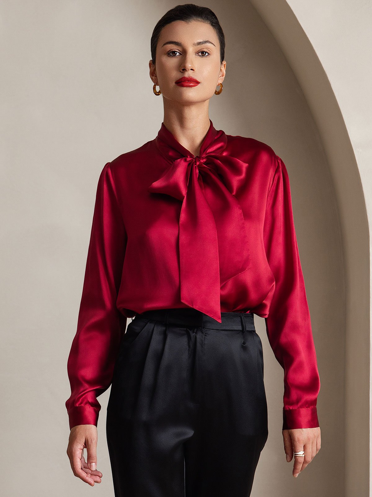 [Rouge Vineux] SilkSilky-FR 19Momme Manches longues À Nouer Blouse 001