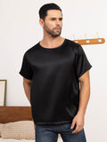 SilkSilky FR Pure Soie Manches courtes Col Rond Homme T Shirt Noir 001