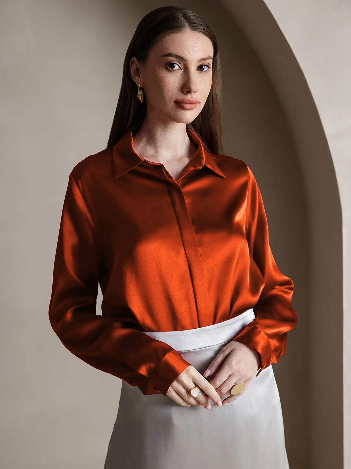 [Caramel] SilkSilky-FR 19Momme Soie Lapel Collar Femme Chemise 001