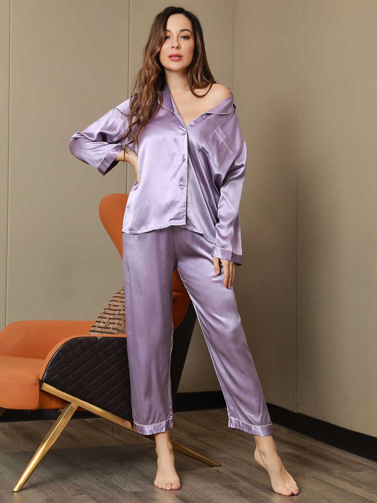 SilkSilky FR Pure Soie Manches longues Revers Femme Pyjamas Lavande 005