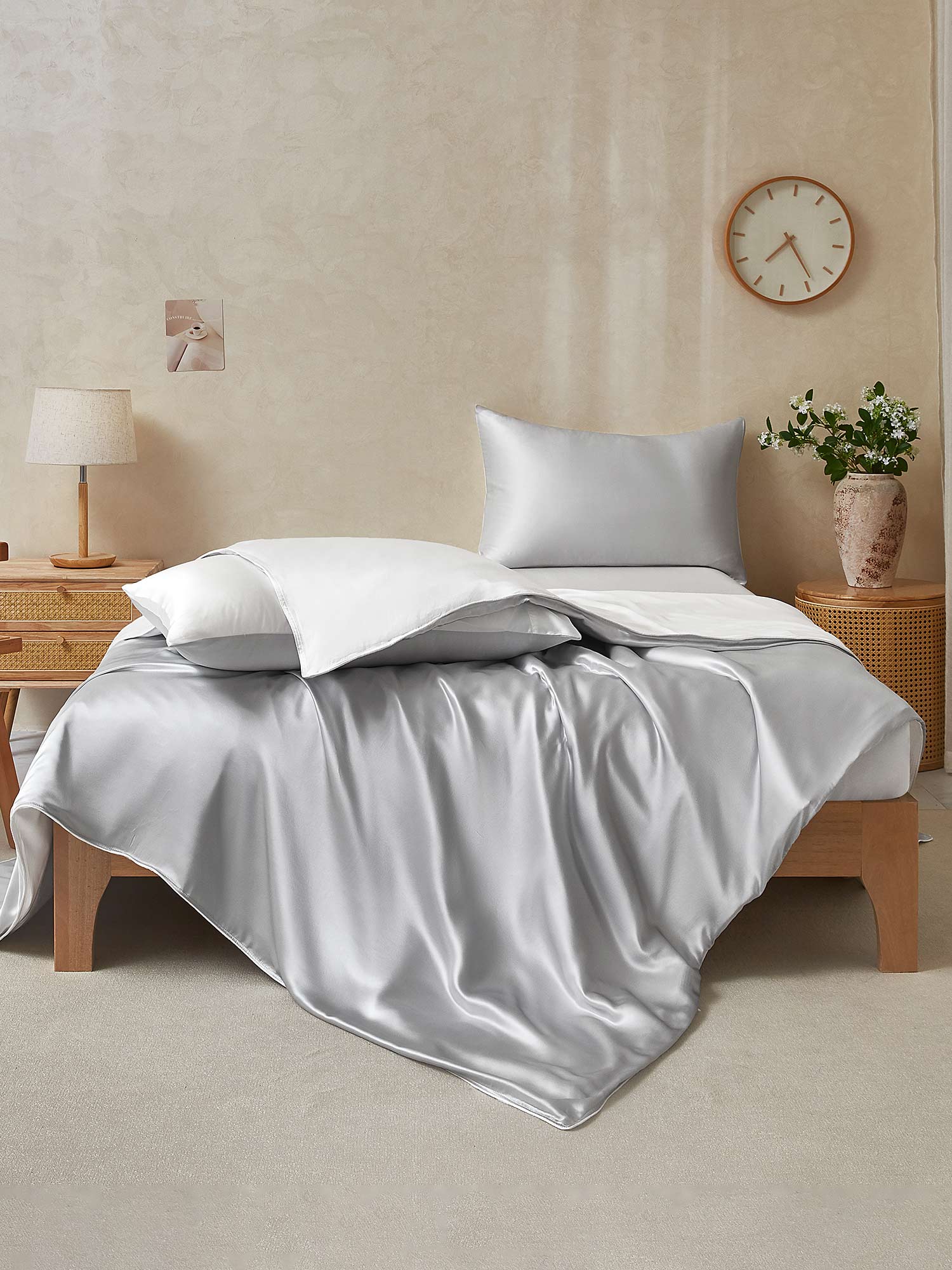 [GrisClair+Blanc] SilkSilky-FR 19Momme Pure Soie Bedding Set 002,
