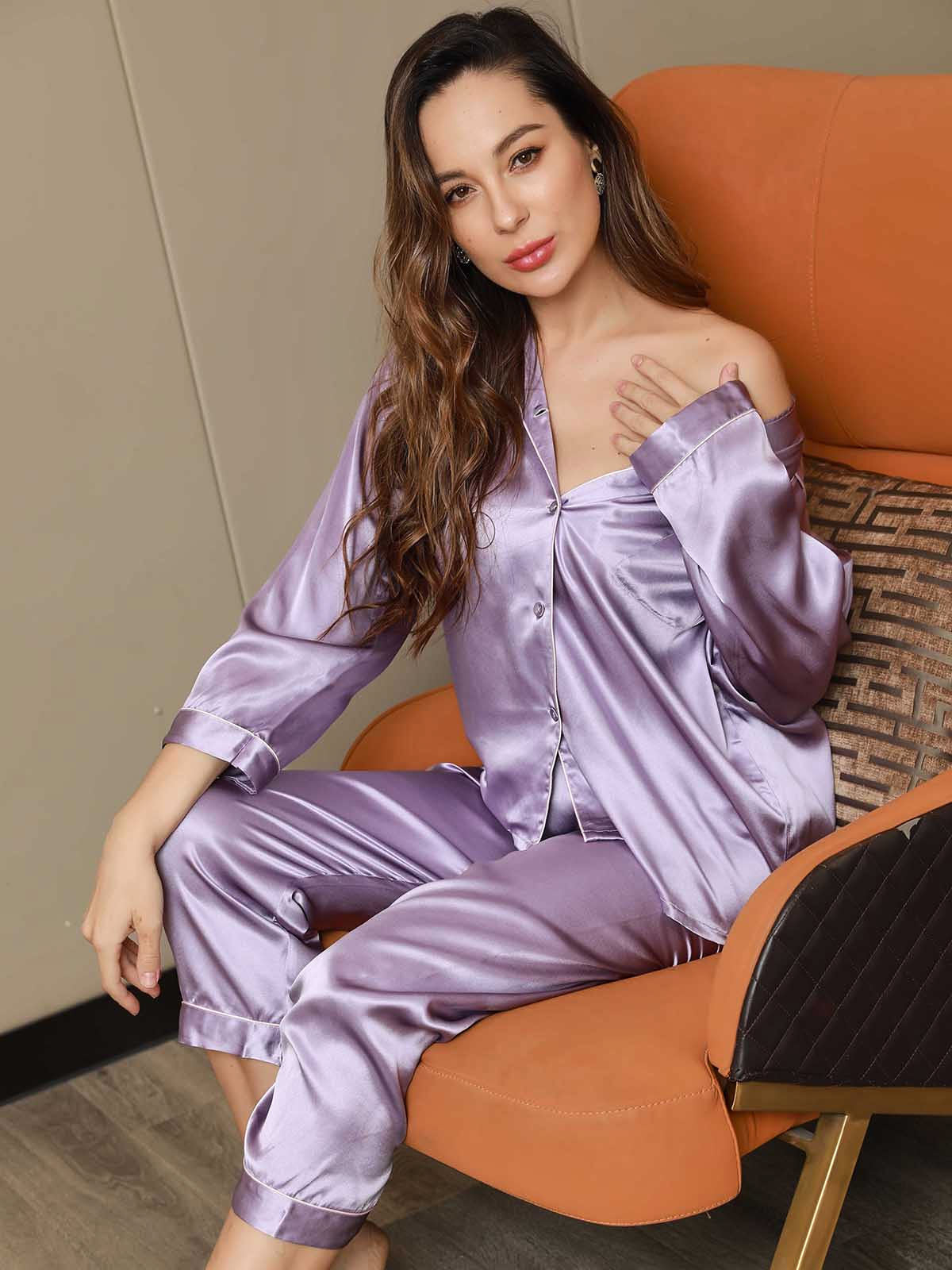 [Lavande] SilkSilky-FR Manches longues Col Cranté Femme Pyjamas 001
