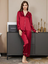 [Rouge Foncé] SilkSilky-FR Long Sleeve Lapel Collar Femme Pyjamas 004