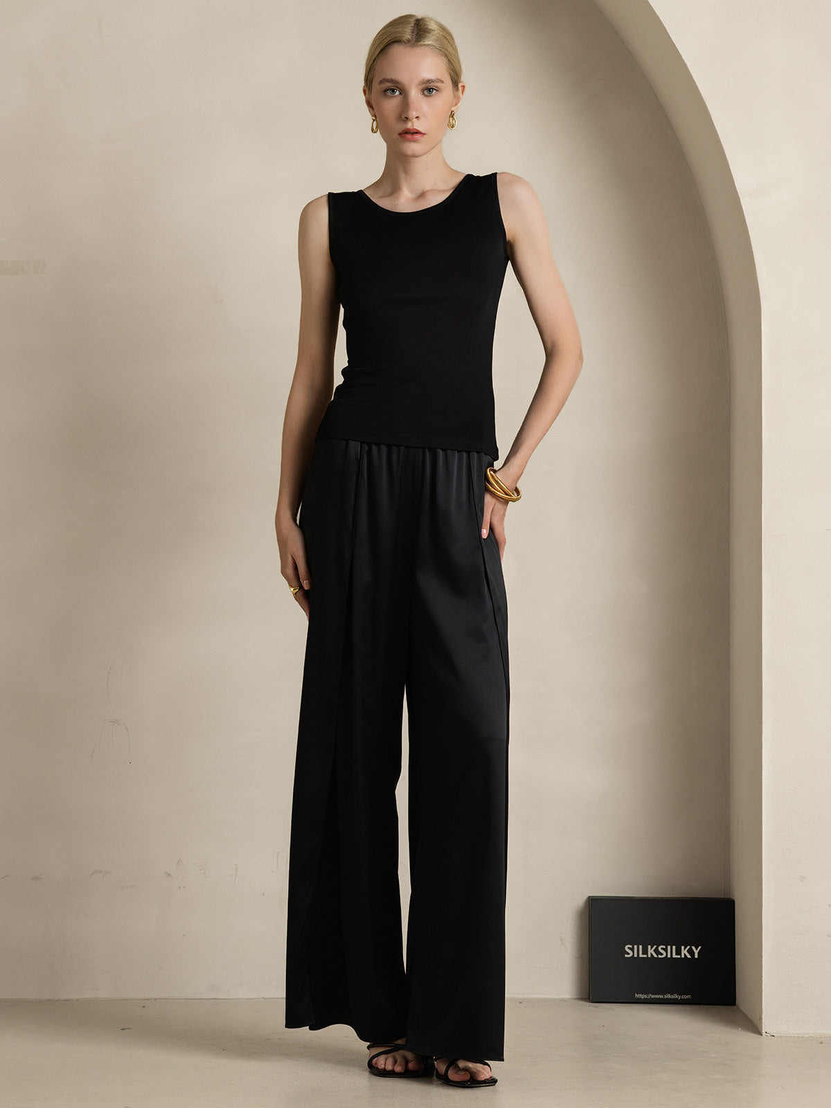 [Noir] SilkSilky-FR Soie Tricotée Col Rond Femme T-Shirt 008