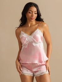 Vue principale camisole col V dentelle ivoire rose soie SilkLight short